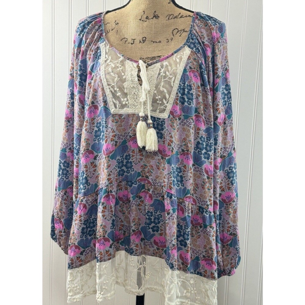 Matilda Jane Gray Floral Top NWT XL Lace Tassle Tie